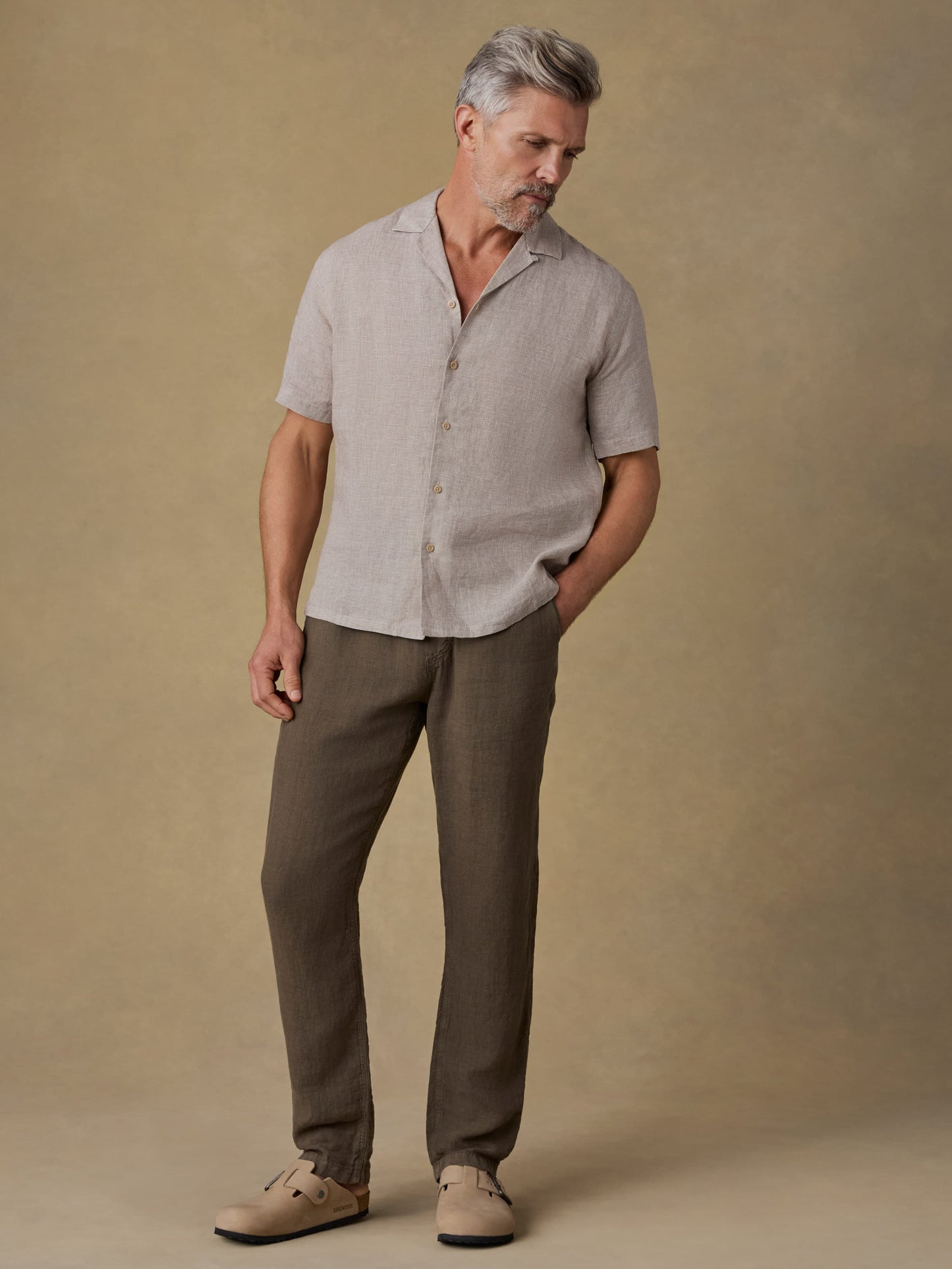 Short-Sleeve Laguna Linen Camp Shirt - Khaki Pincheck