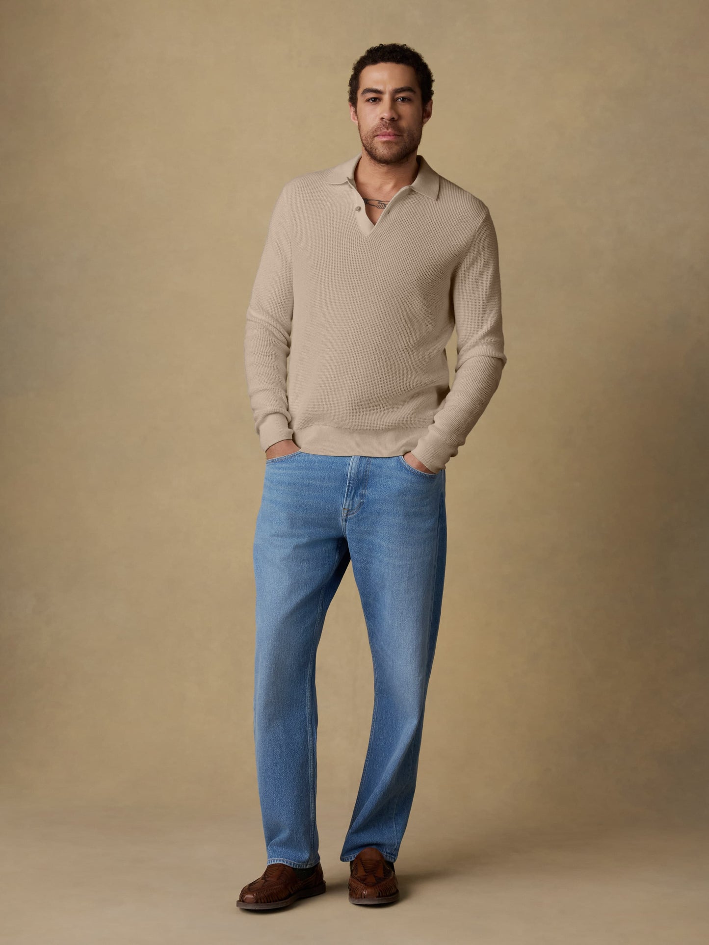 Long-Sleeve Sunwashed Sweater Polo - Natural
