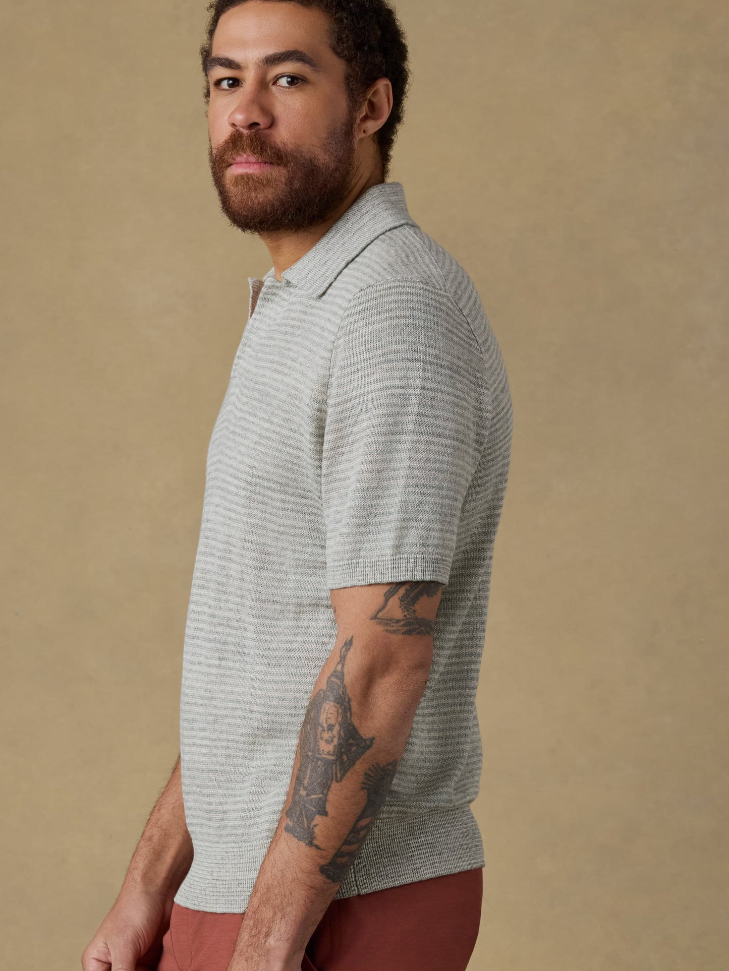 Short-Sleeve Linen Sweater Polo - Beach Tree Stripe