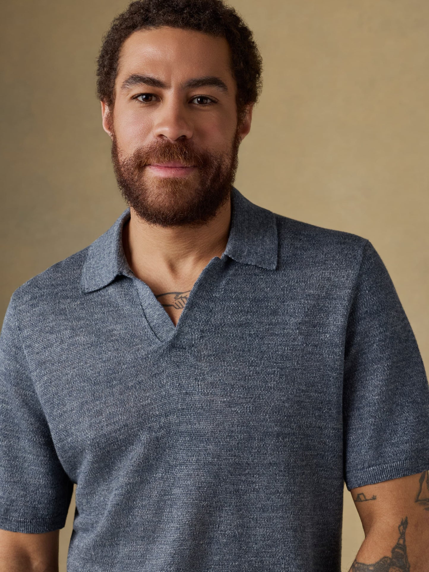 Short-Sleeve Linen Sweater Polo - Caribbean Navy Melange