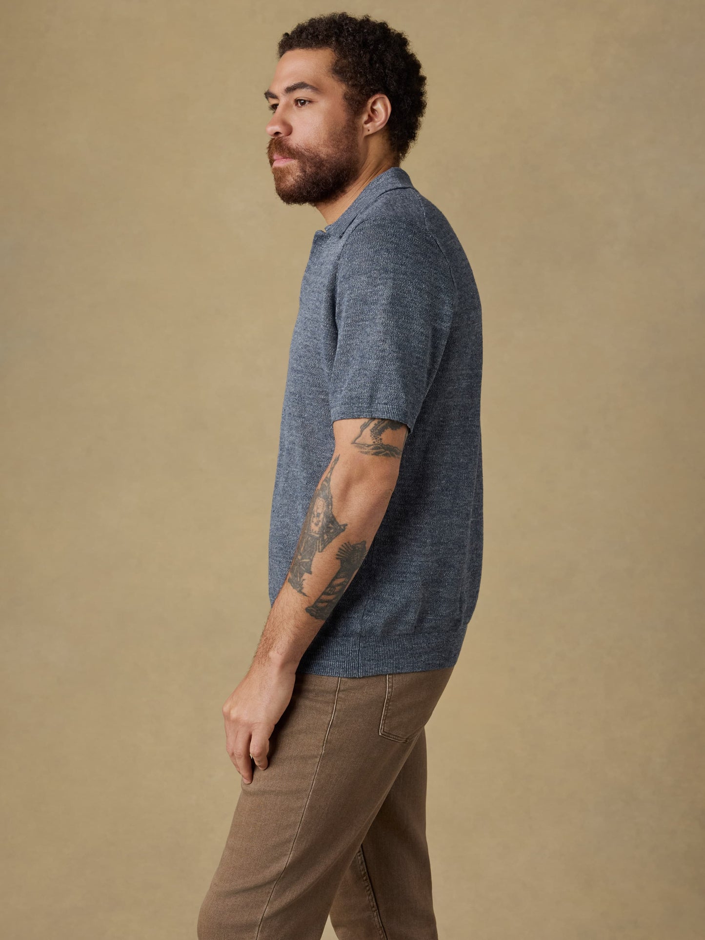 Short-Sleeve Linen Sweater Polo - Caribbean Navy Melange