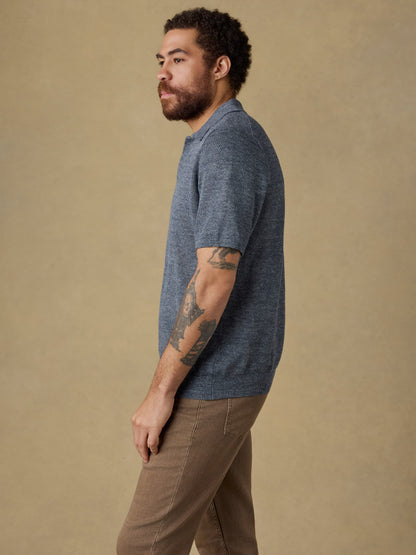 Short-Sleeve Linen Sweater Polo - Caribbean Navy Melange