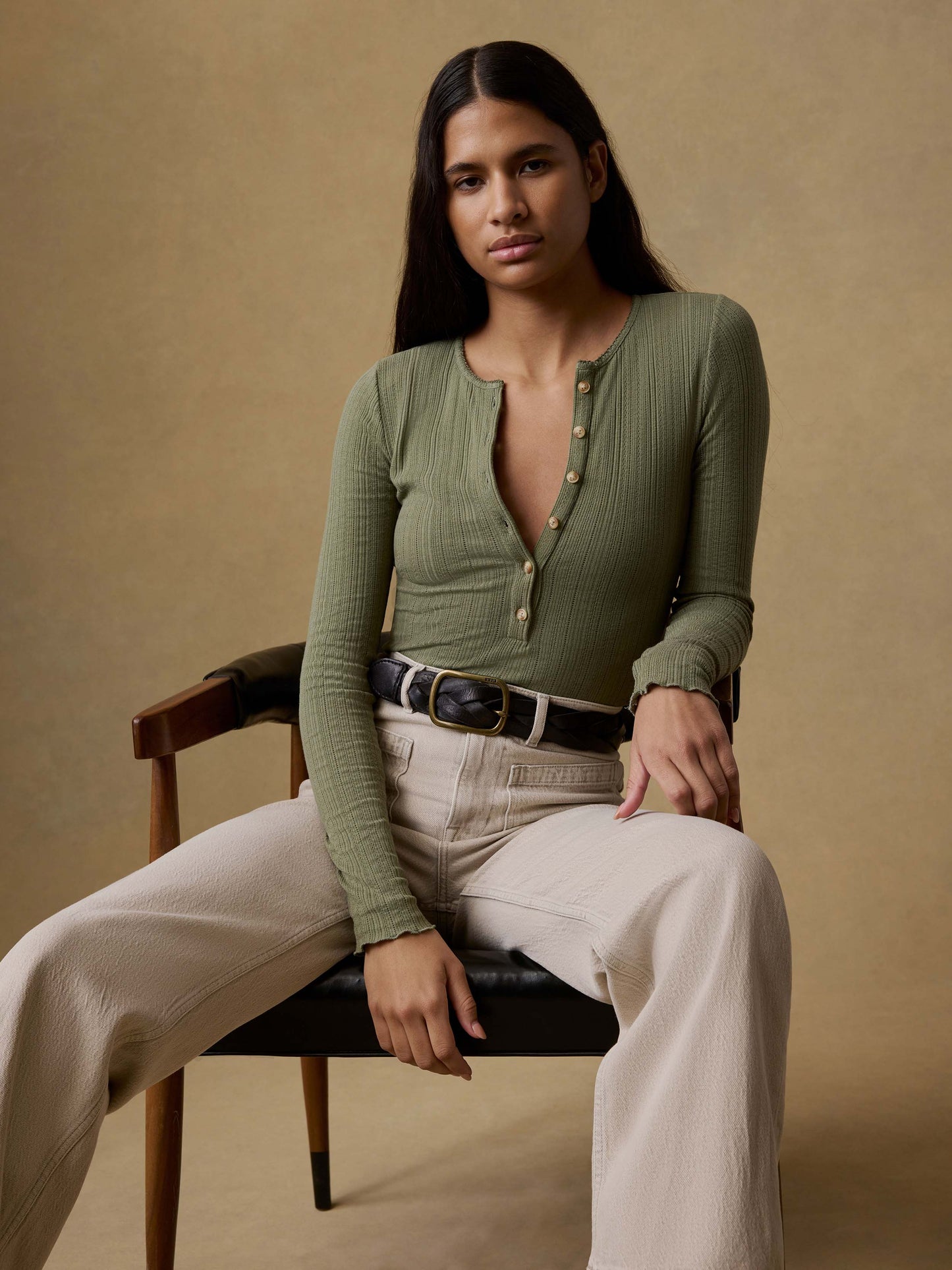 Paradise Pointelle Henley - Island Olive