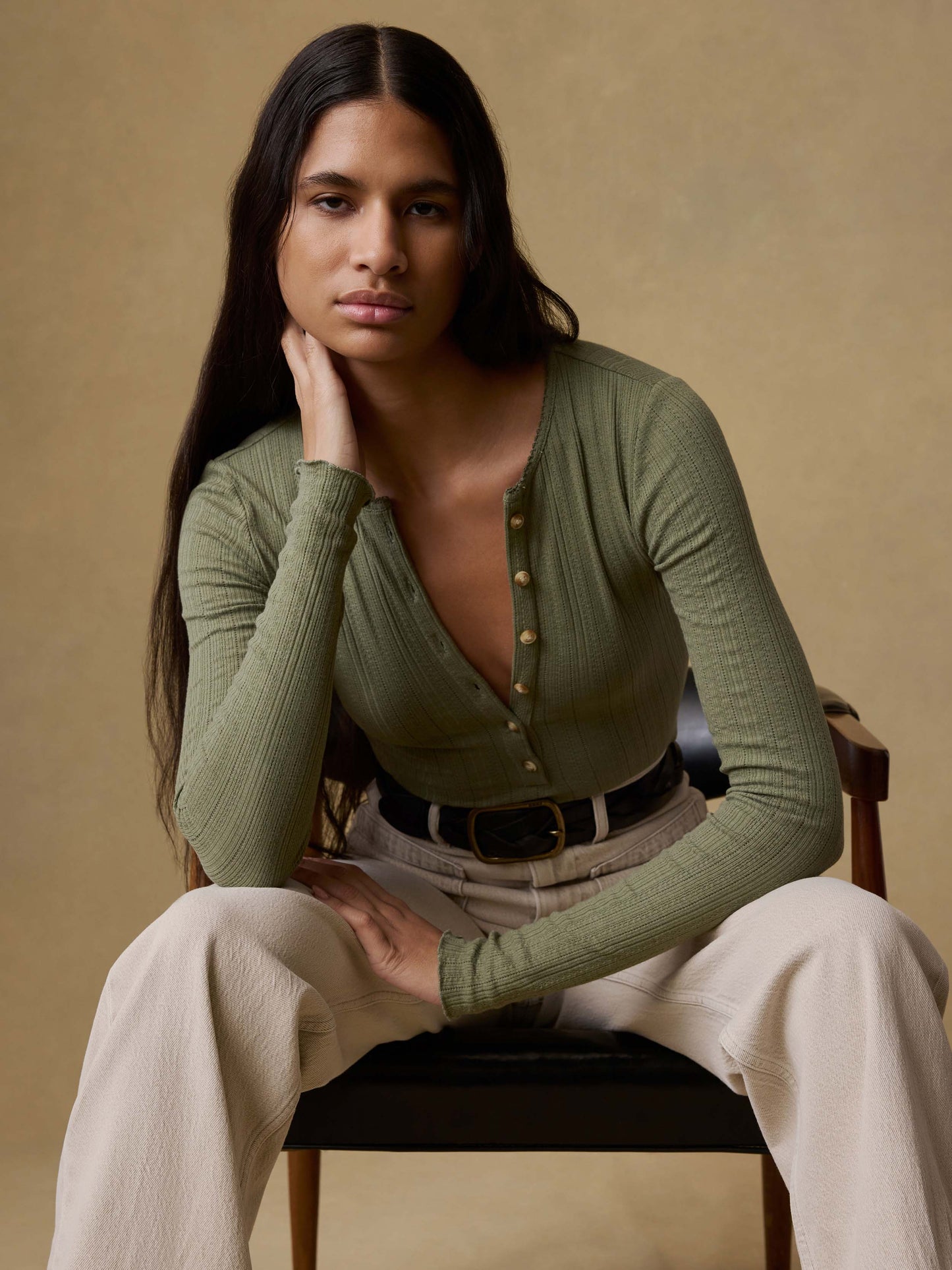 Paradise Pointelle Henley - Island Olive