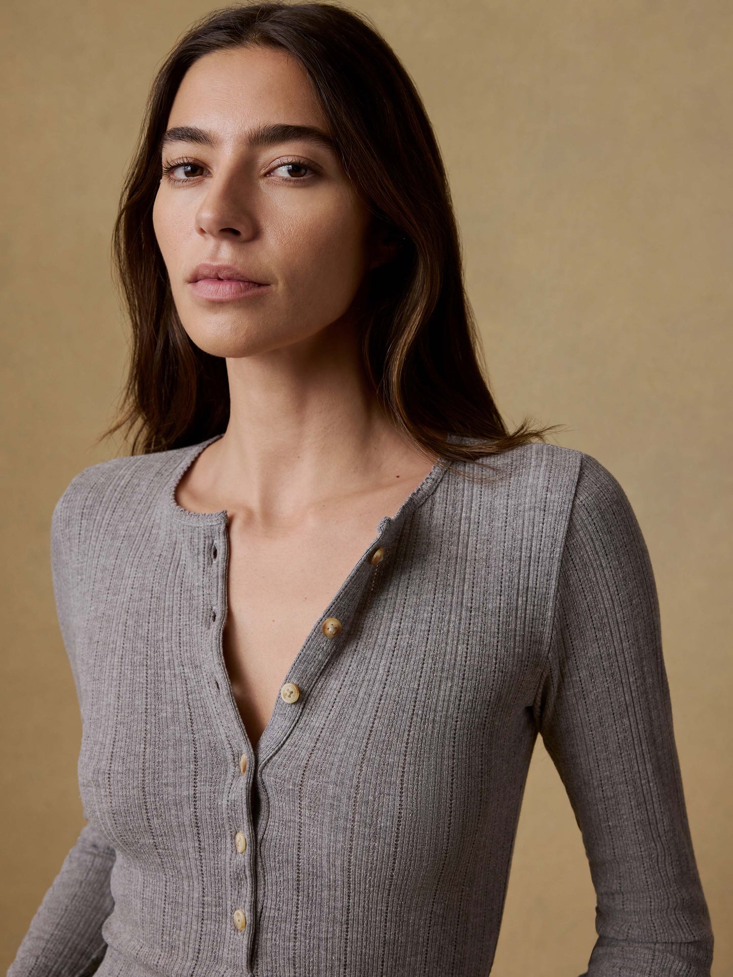 Paradise Pointelle Henley - Medium Grey Heather