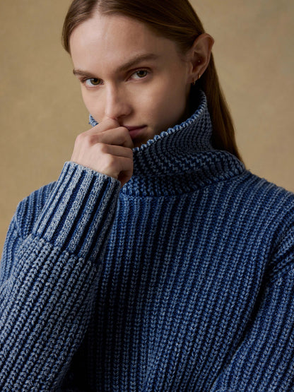 Sunwashed Cotton Oversized Turtleneck Sweater - Windcliff Indigo Wash