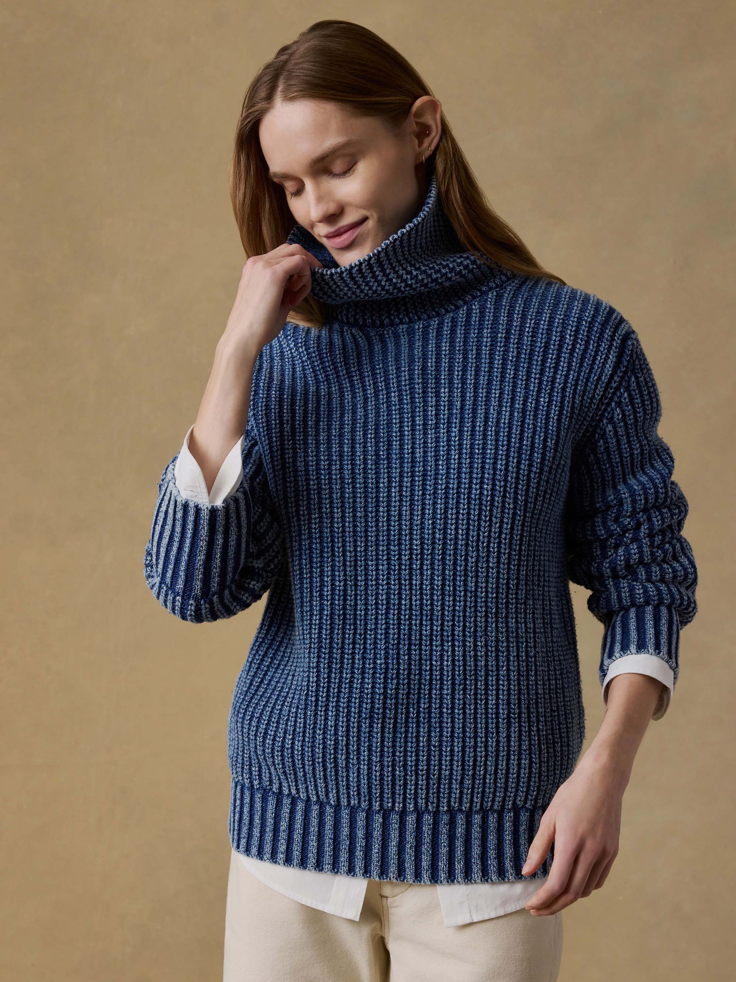 Sunwashed Cotton Oversized Turtleneck Sweater - Windcliff Indigo Wash