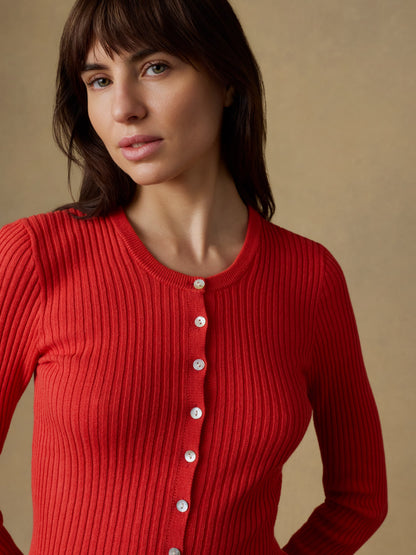 Miramar Linen Crewneck Cardigan - Poppy Red
