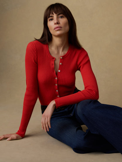 Miramar Linen Crewneck Cardigan - Poppy Red