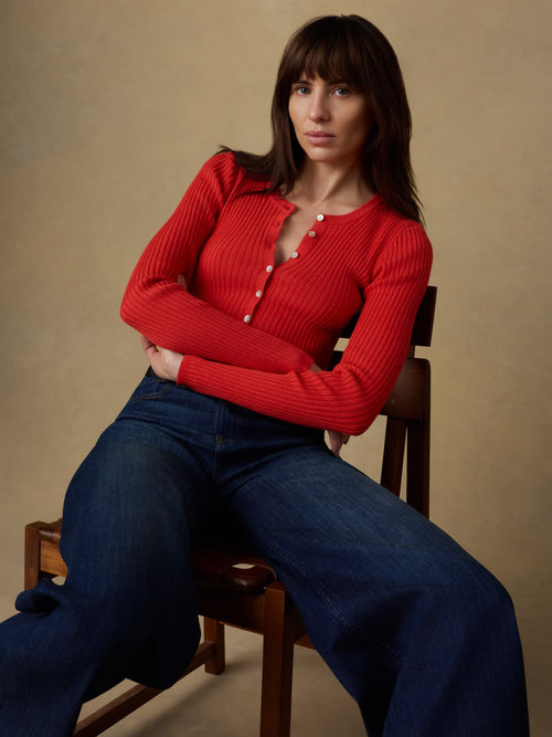 Miramar Linen Crewneck Cardigan - Poppy Red