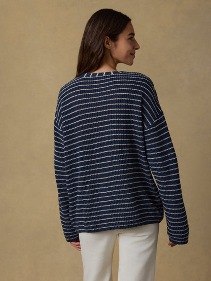 Miramar Linen Deep V-Neck Sweater - Navy Stripe
