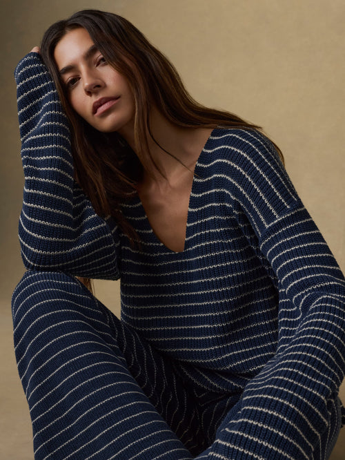 Miramar Linen Deep V-Neck Sweater - Navy Stripe
