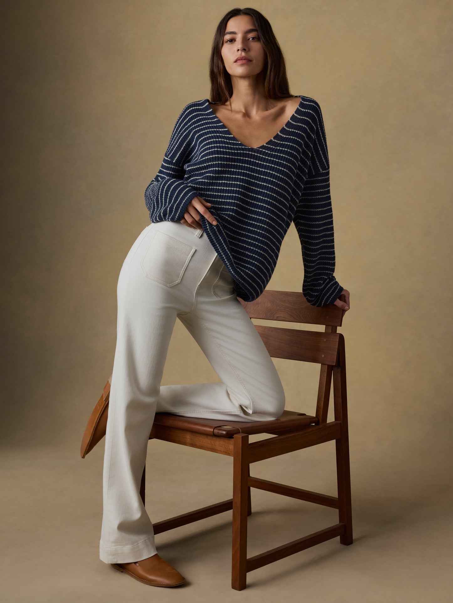 Miramar Linen Deep V-Neck Sweater - Navy Stripe