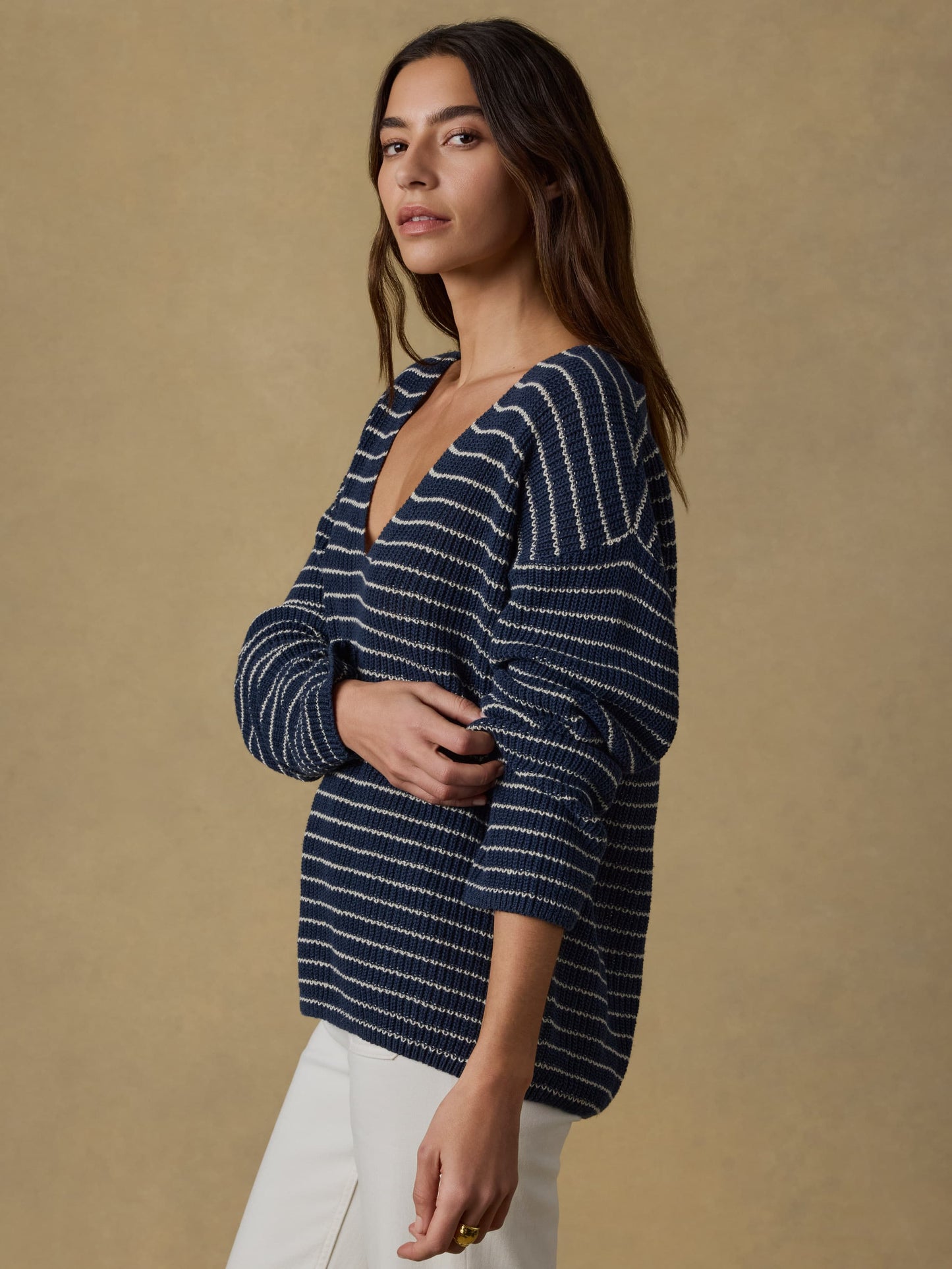 Miramar Linen Deep V-Neck Sweater - Navy Stripe