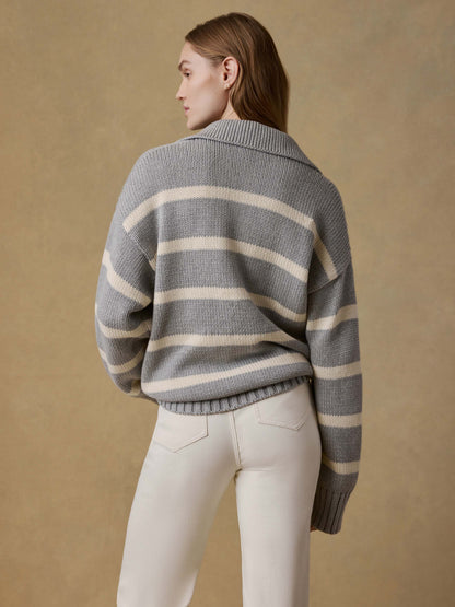 Sunwashed Cotton Polo Sweater - Grey Heather Stripe