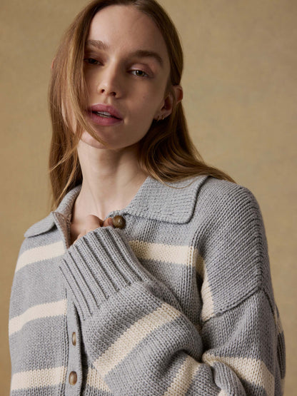 Sunwashed Cotton Polo Sweater - Grey Heather Stripe