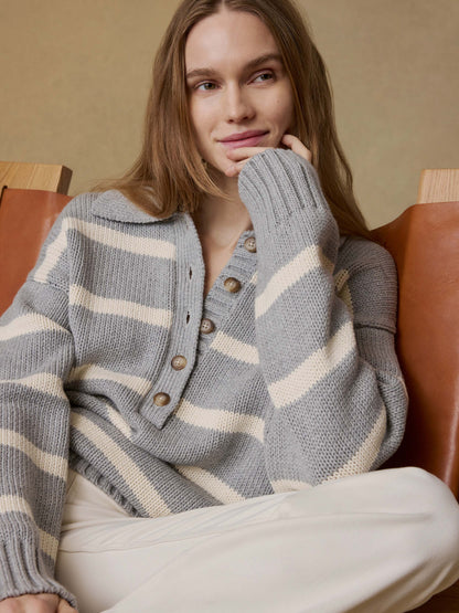 Sunwashed Cotton Polo Sweater - Grey Heather Stripe