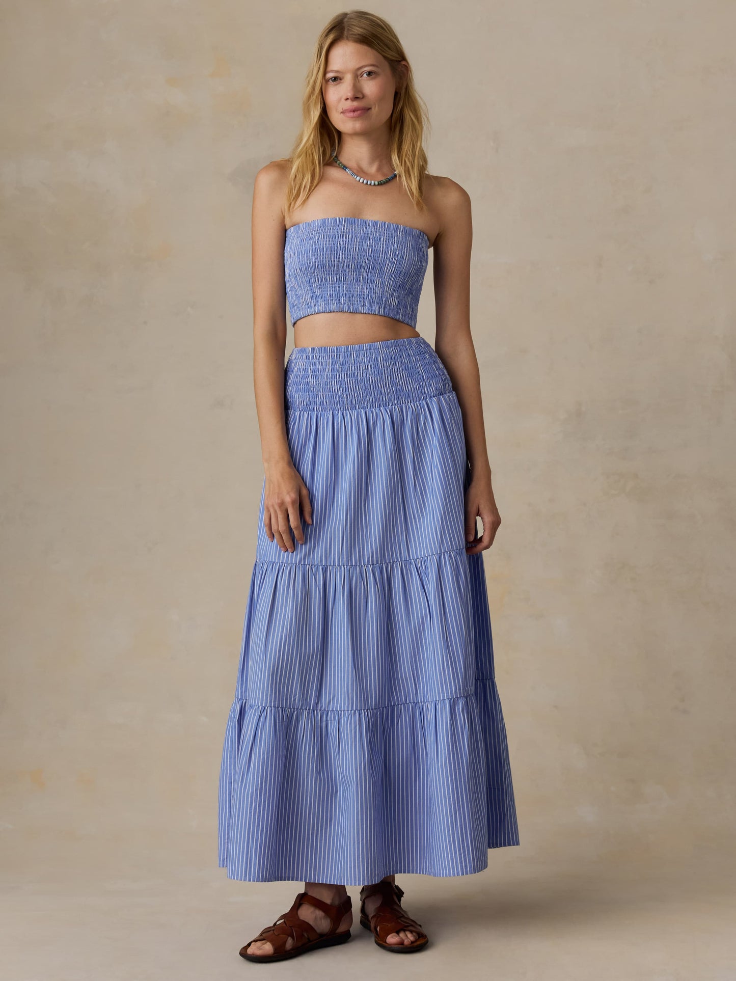 Coastal Poplin Smocked Top - Deepwater Stripe
