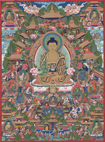 Amitabha in Pure Land Image - Tibetan thangka painting, front view