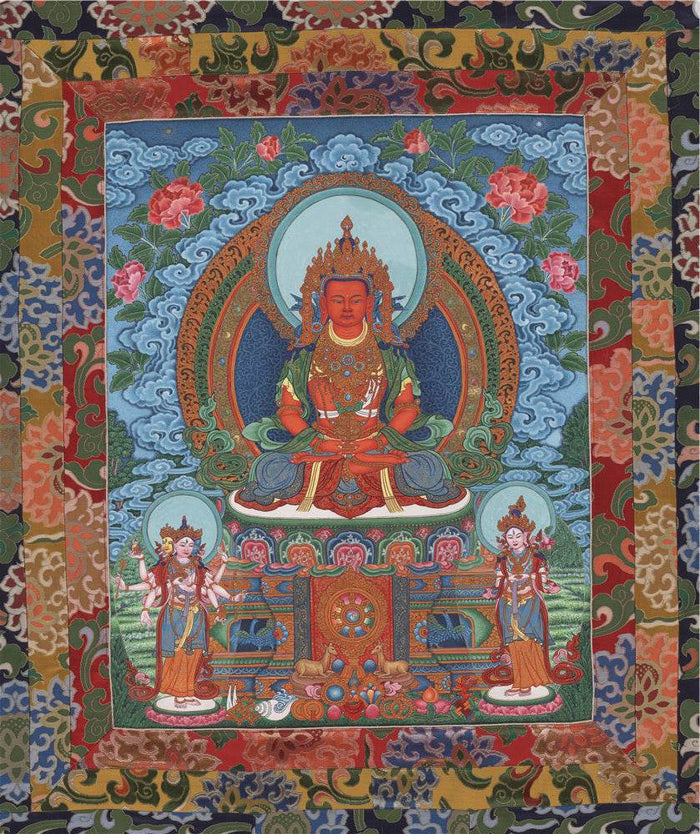 Amitayus - the Buddha of Longevity - Tibetan thangka painting, front view
