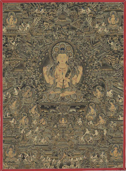 Chenrezig Pure Land - Tibetan thangka painting, front view