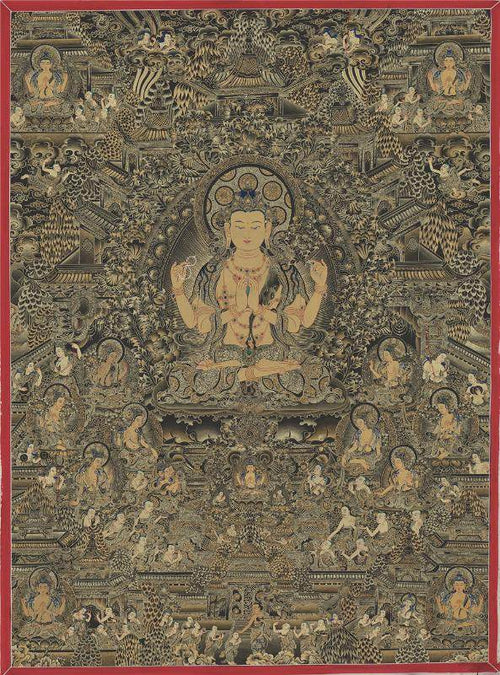 Chenrezig Pure Land - Tibetan thangka painting, front view