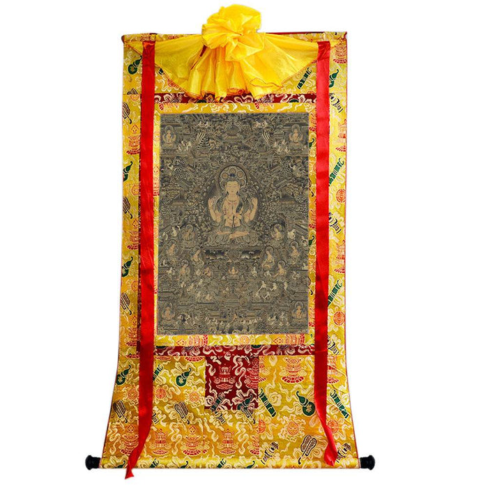Chenrezig Pure Land - Tibetan thangka painting, close-up detail