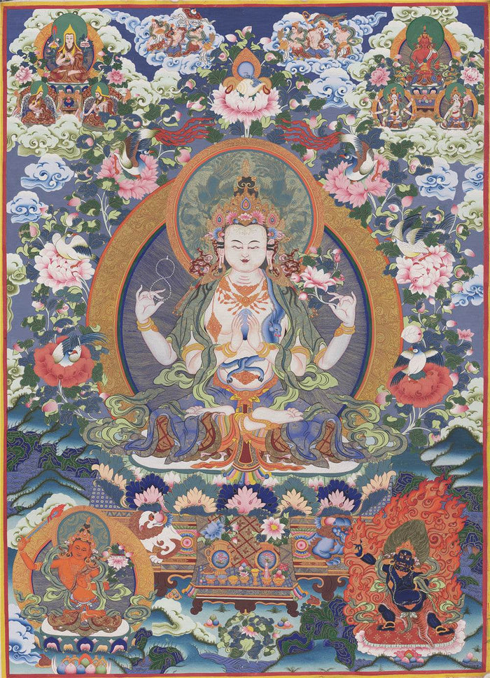 Chenrezig - Tibetan thangka painting, front view