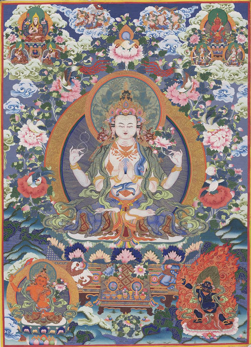 Chenrezig - Tibetan thangka painting, front view