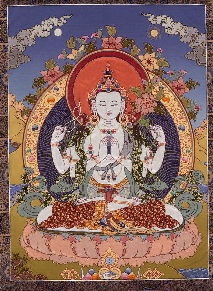 Chenrezig - Tibetan thangka painting, front view