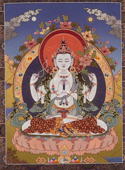 Chenrezig - Tibetan thangka painting, front view
