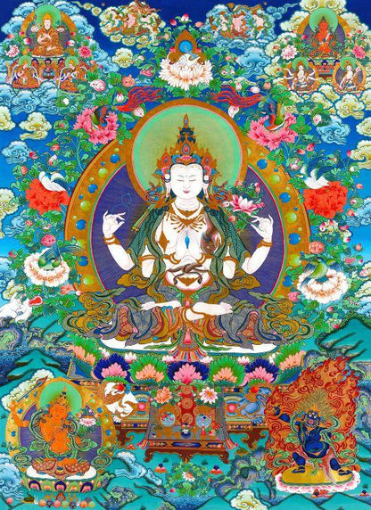 Chenrezig - Tibetan thangka painting, front view
