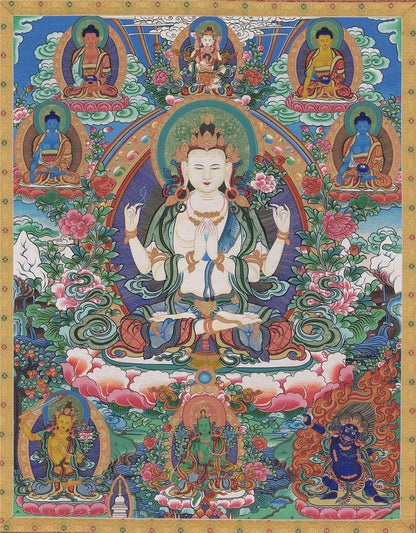 Chenrezig - Tibetan thangka painting, front view