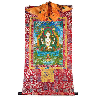 Chenrezig - Tibetan thangka painting, detailed view