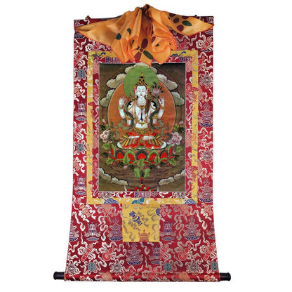 Chenrezig - Tibetan thangka painting, detailed view