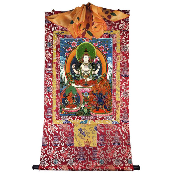 Chenrezig - Tibetan thangka painting, detailed view
