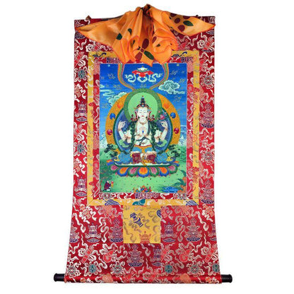 Chenrezig - Tibetan thangka painting, detailed view