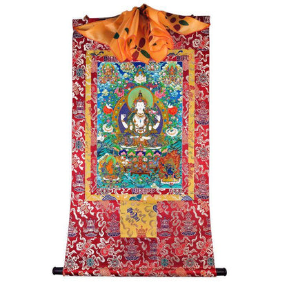 Chenrezig - Tibetan thangka painting, detailed view