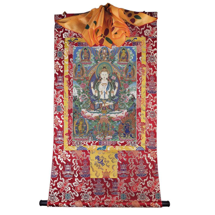Chenrezig - Tibetan thangka painting, detailed view