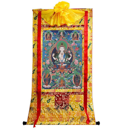 Chenrezig - Tibetan thangka painting, close-up detail