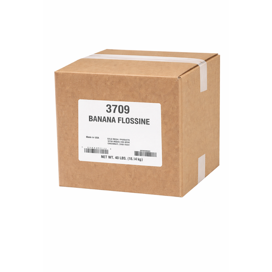 Bulk 40 lb box of 3709 Banana Flossine cotton candy sugar mix in labeled cardboard shipping case