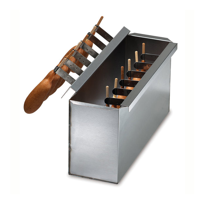 Stainless steel batter dip tank holding 12 corn dogs.