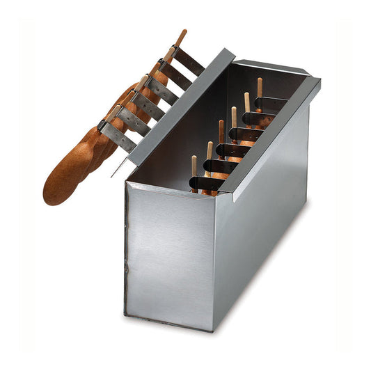 Stainless steel batter dip tank holding 12 corn dogs.