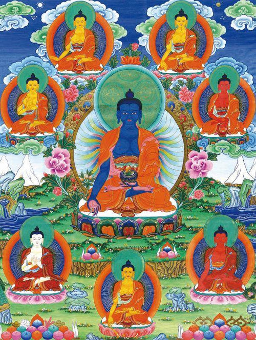 Bhaisajyaguru - Eight Medicine Buddhas - Tibetan thangka painting, front view