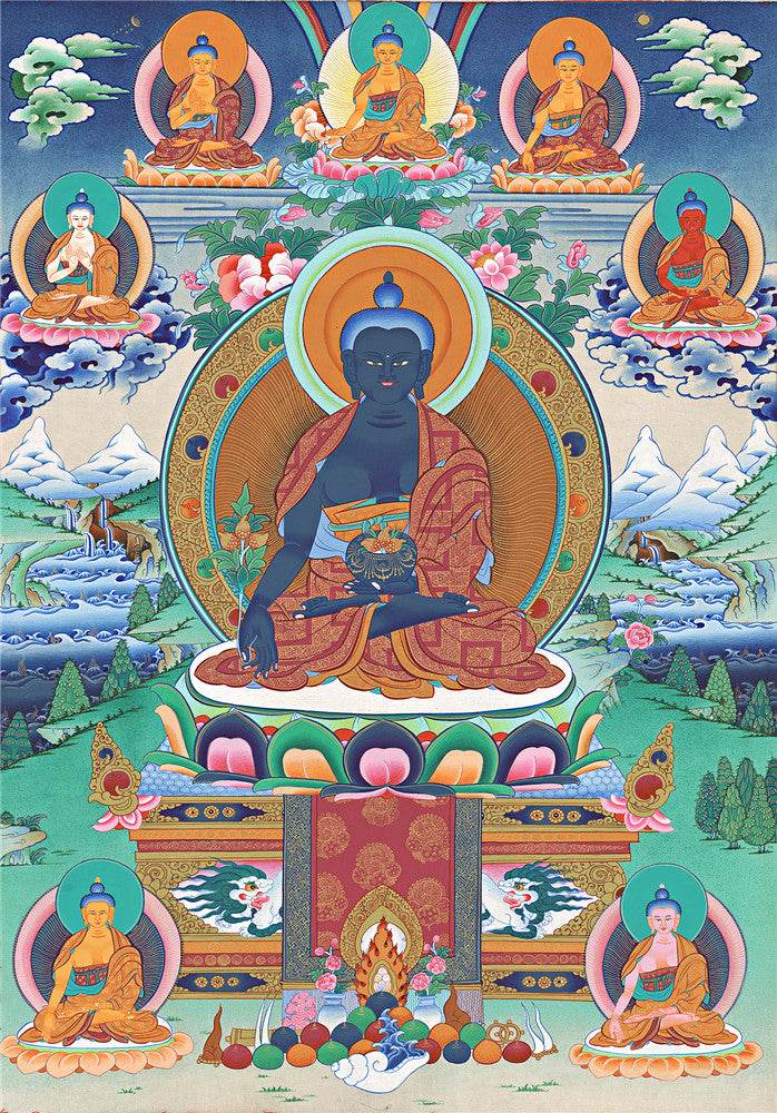 Bhaisajyaguru - Eight Medicine Buddhas - Tibetan thangka painting, front view