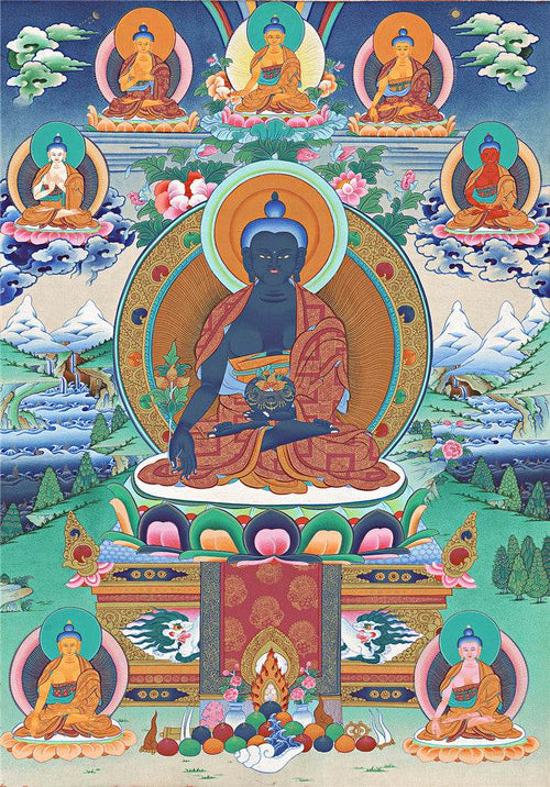 Bhaisajyaguru - Eight Medicine Buddhas - Tibetan thangka painting, front view