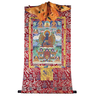Bhaisajyaguru - Eight Medicine Buddhas - Tibetan thangka painting, detailed view