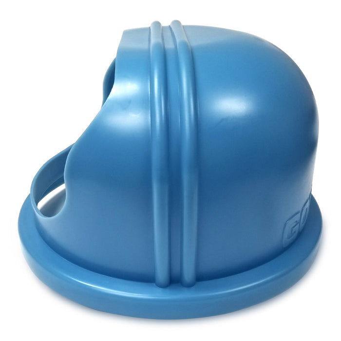 side view of curved blue enclosed plastic bubble for cotton candy machines