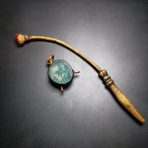 Buddhist Yak Bone Carved Damaru Drum,Mini Chod Drum - Tibetan Buddhist art, front view