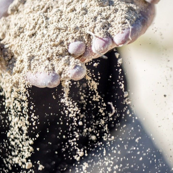 Hand holding the sand soli of Can Leandro Vineyard with a blurred background